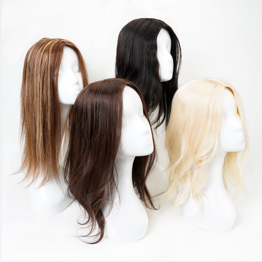 With a number of hair colors available, the hair of this topper features top-grade Indian hair (for dark colors) and virgin hair (for light colors) known for being soft, natural, and resistant to color change.