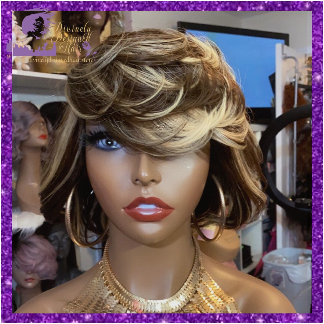 Lyndel ’ Balayage Swoop Bang Feathered Bob , 100% Human Hair (No Lace)