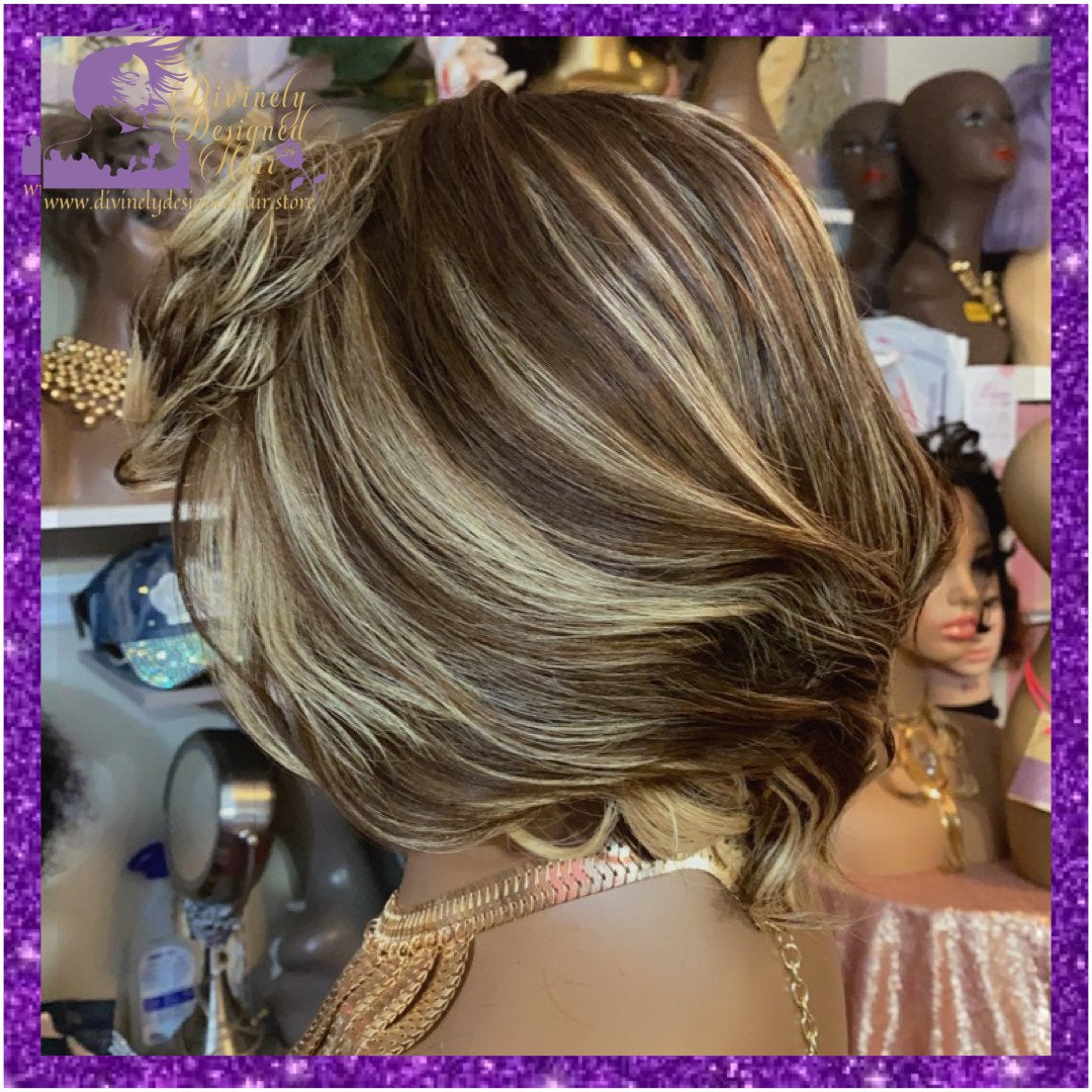 Lyndel ’ Balayage Swoop Bang Feathered Bob , 100% Human Hair (No Lace)