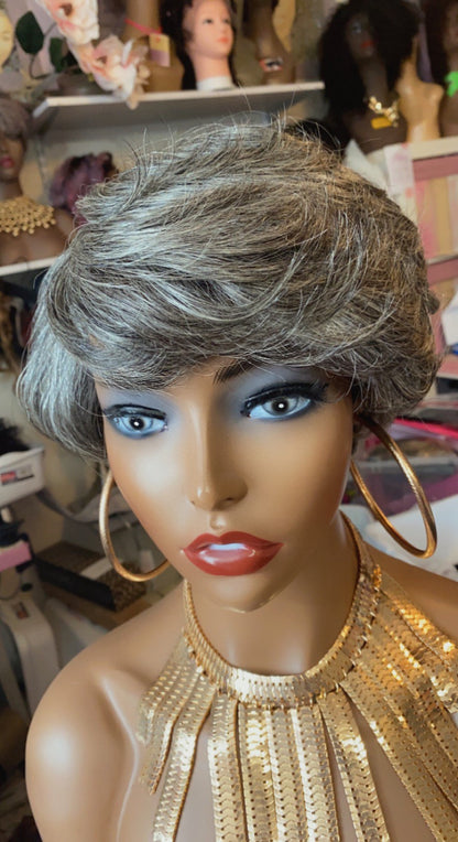 Spicee -  100% Human Hair (No Lace) Salt and Pepper Pixie Wig